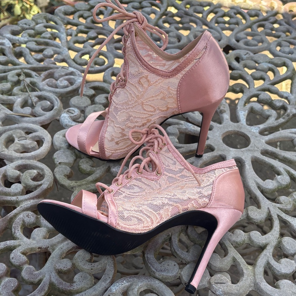 Privileged Rosette Pink Lace-Up Open-Toe Stiletto Heels